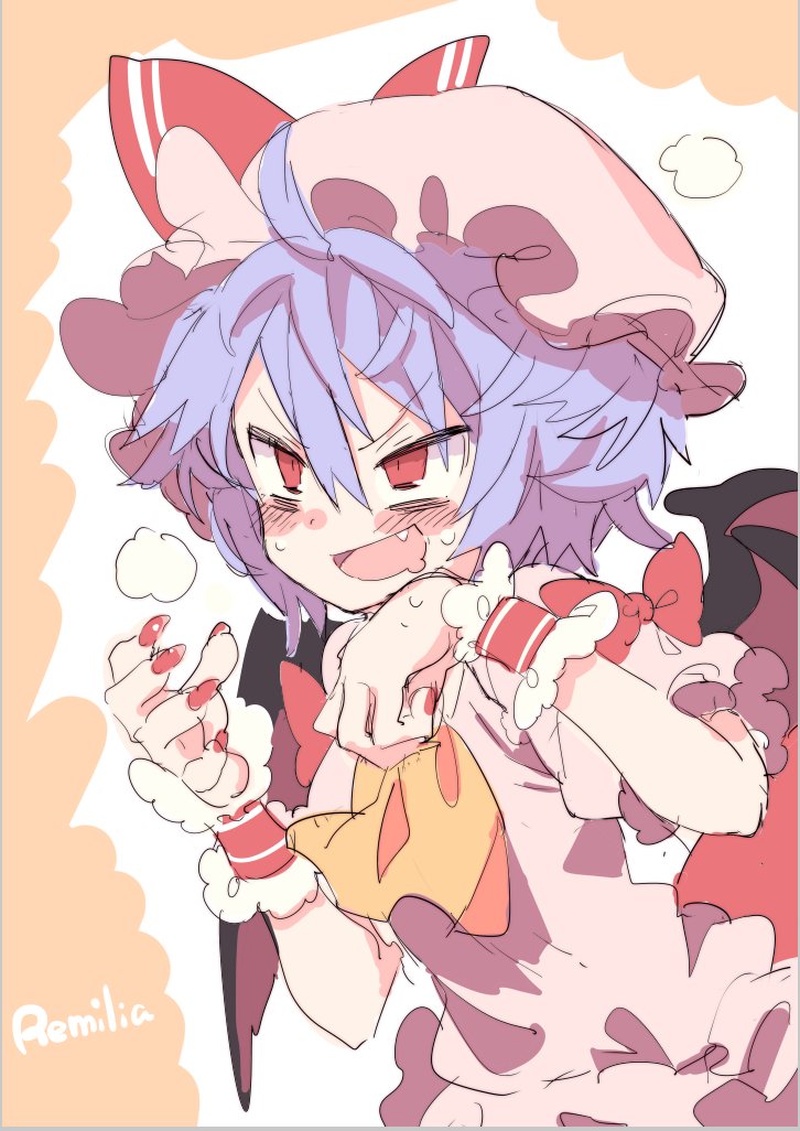 remilia scarlet 1girl solo hat wings red eyes mob cap fang  illustration images