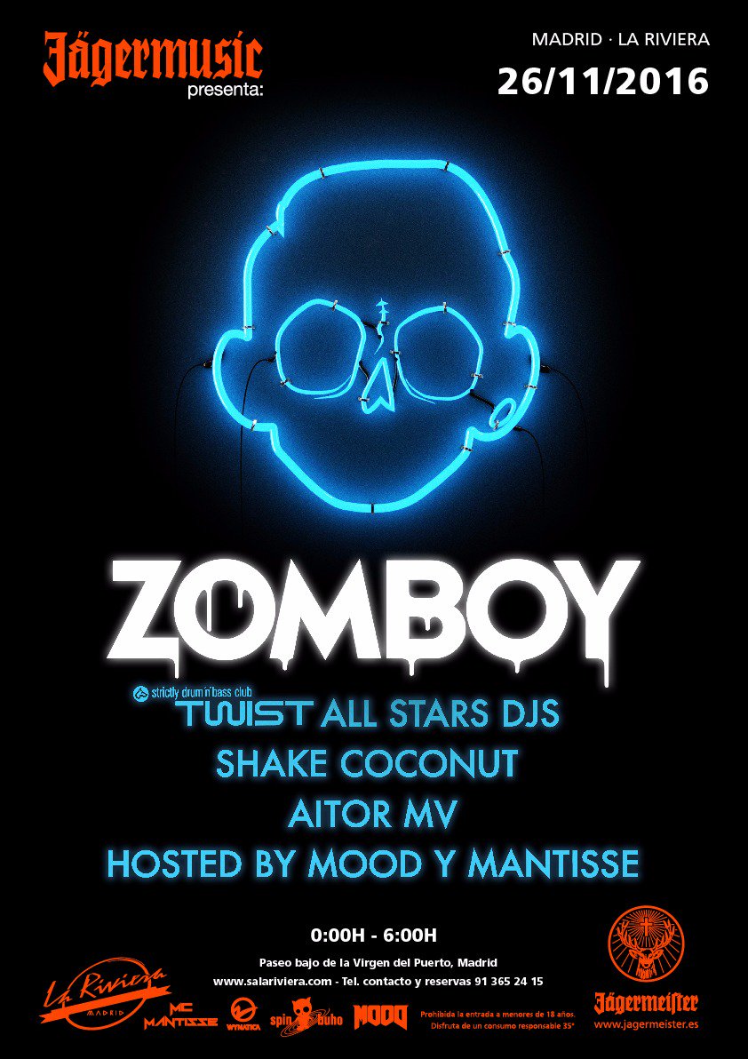 Visita Madrid <a href="/Zomboy/">𝐙𝐎𝐌𝐁𝐎𝐘</a> de la mano de <a href="/2M_Group/">2MGROUP</a> y @JagermusicSpain junto a @Shake_Coconut <a href="/aitor_mv/">@aitor_mv</a> y <a href="/TwistClubMadrid/">Twist Club</a>
El 26 en <a href="/LaRivieraSala/">Sala La Riviera</a>