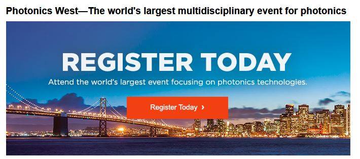 smmadvertising's tweet photo. Register for Photonics West, Jan. 28-Feb.2, 2017, the world's largest photonics technologies event. See you there!
https://t.co/Jlq2X8jfTZ https://t.co/VN2jfscaCV