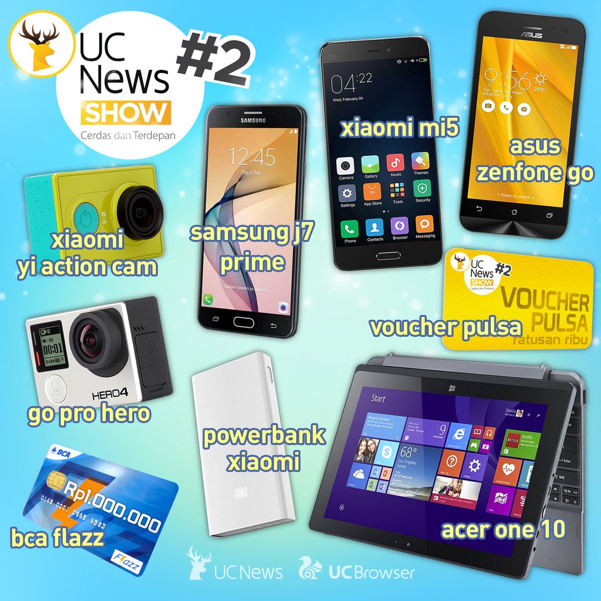 UCBrowserIndo's tweet photo. Kalo kalian mau hadiah yang mana UCers! jangan lupa untuk terus share biar bisa unlock semua hadiahnya #KuisUCNewsShow https://t.co/daTmmv6LLl