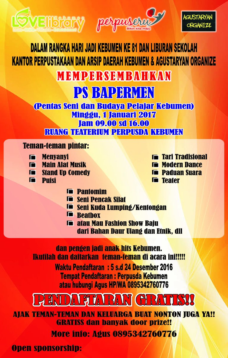 yuk, siapa yg mau ikut pentas dan seni budaya Kebumen di perpusda Kebumen daftar mulai sekarang ...GRATIS ! <a href="/humaskebumen/">KEBUMEN TERKINI</a>  @humas_kebumen