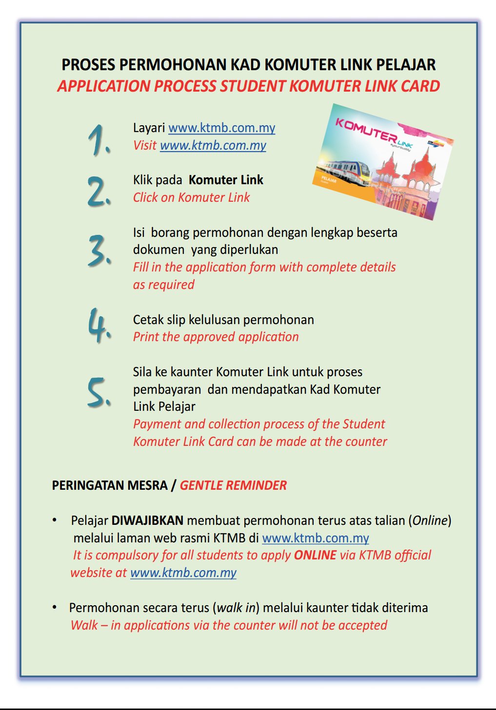 Ktmb 03 2267 1200 On Twitter Mulai 1 Jan 2017 Ktm I Card Tidak Boleh Digunakan Untuk Mendapatkan Diskaun Tambang 50 Ktm Komuter Sila Dapatkan Komuter Link Pelajar Tq Https T Co Yiqykhsxcr Twitter
