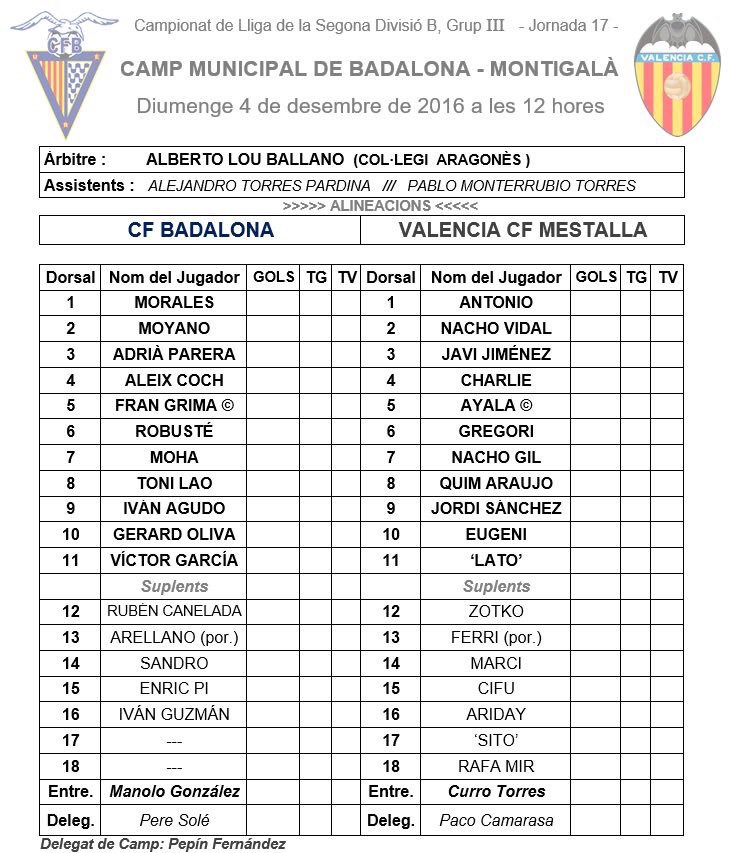 Alineación del @CF_Badalona y del <a href="/VlcMestalla/">VCF Mestalla</a> que en - de 30' arranca  su partido en el Montigalà