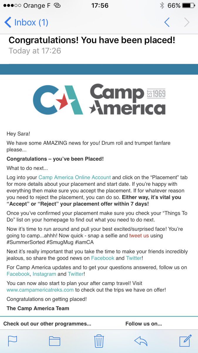 sara_stuart08's tweet photo. I've been placed!!🎉 @CampAmerica69 I can't wait to spend this summer in America 🇺🇸 https://t.co/I9njVs2qCb
