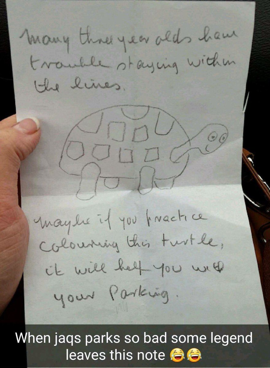 stuartrobinson1's tweet photo. Love this. An annoyed motorist at Forestside Shopping Centre leaves this note on a poorly parked car. https://t.co/HNkdFXdSqy