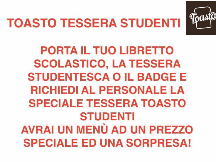 _toasto's tweet photo. Sei uno studente?Abbiamo creato 3 menù “studenti” AD UN PREZZO ECCEZZIONALE! #toasto #varese #toast #food #foodporn #carrobbio8 #studenti https://t.co/TOgSxd0RBG