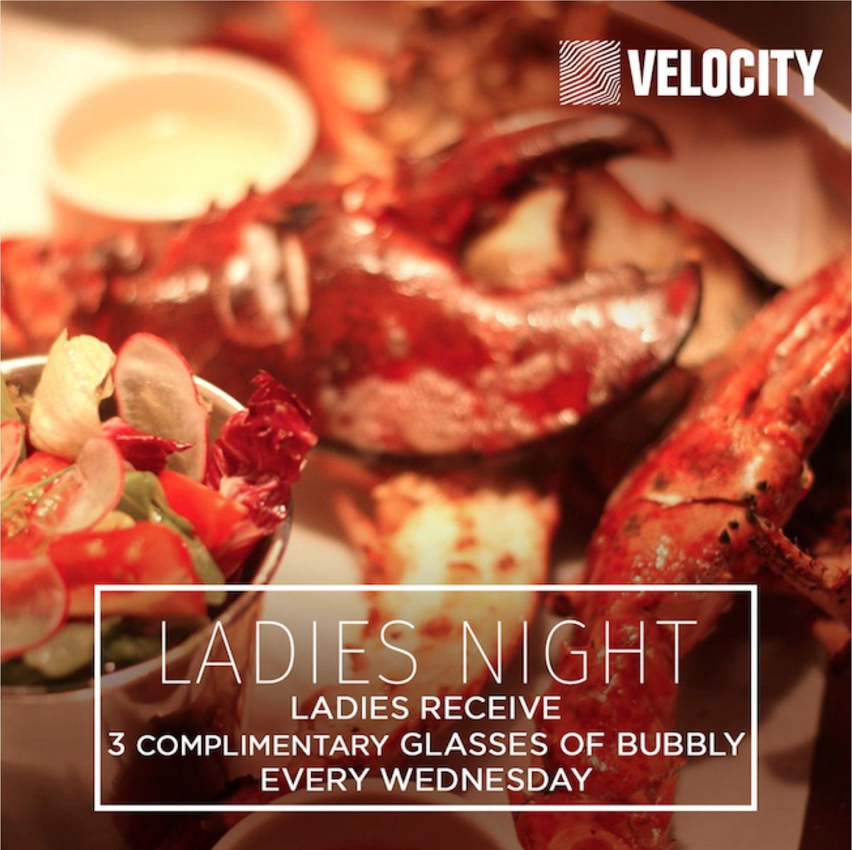 Wednesday night is ladies night at Velocity! Join us for complimentary Beats, Bites and Bubbles!