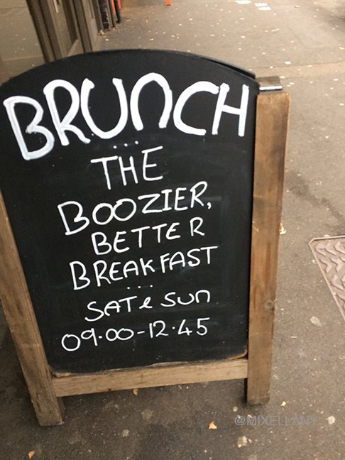 mixellany's tweet photo. "Brunch... The boozier, better breakfast." #BarSignOfTheDay at @CharlottesW4 #weekend #WeekendBreakfast #wine #vodka #gin https://t.co/0RvpOYQbdz
