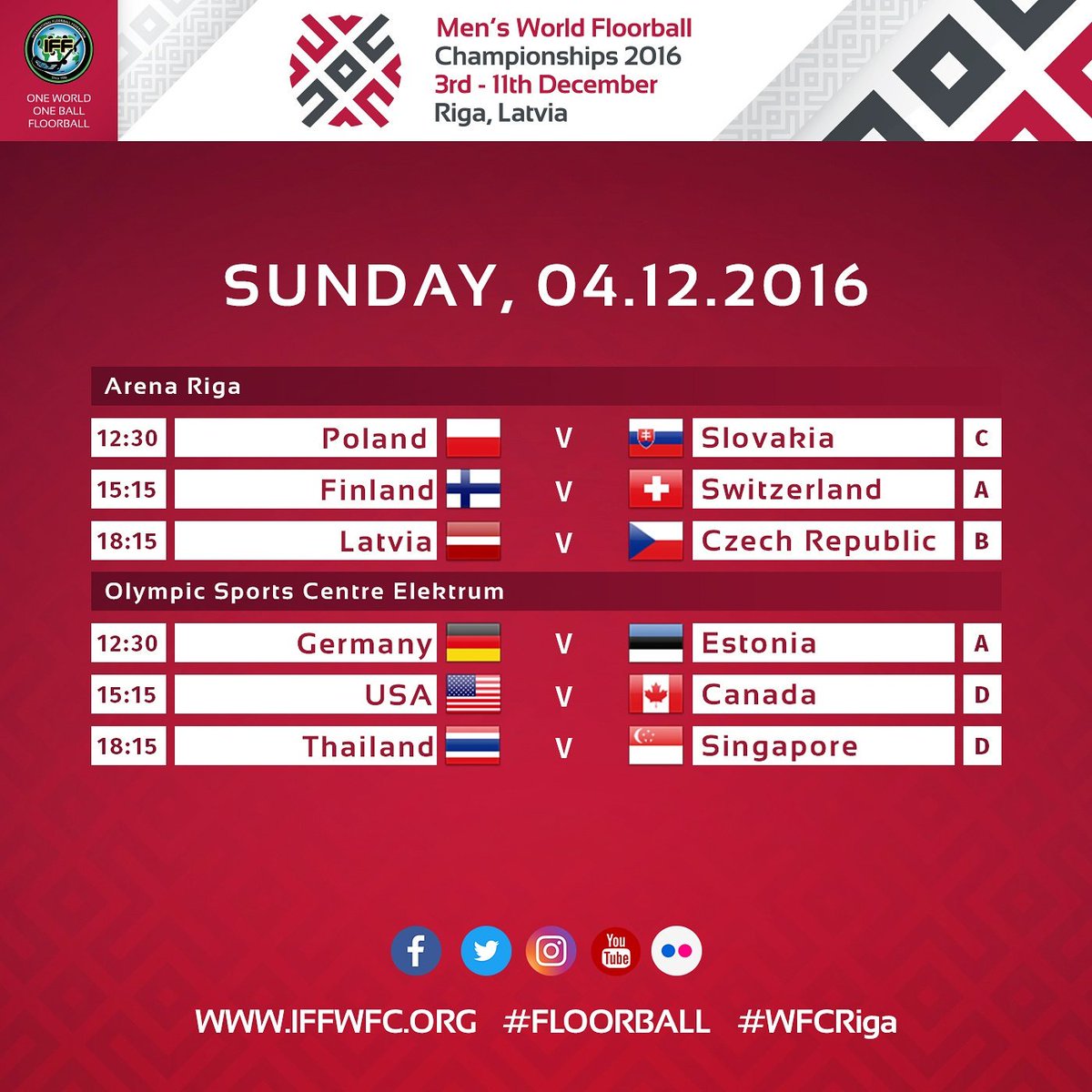 iffwfc's tweet image. Here we go, take a look at our 2nd gameday schedule! Today their first games of #WFCRiga will hold also Poland and Slovakia! #floorball