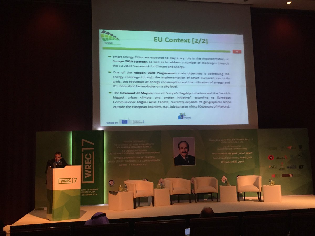 EUGCC_cleanergy's tweet photo. Dr. @h_doukas presenting on identifying opportunities for #EU #GCC #CleanEnergy within the Smart Energy City Concept at #WREC2016 #Bahrain https://t.co/pVzAAtwkrJ
