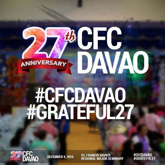 cfcdavaocity's tweet photo. Let's all continue to Rejoice, Pray, and Give Thanks as we celebrate the 27th anniversary of Couples for Christ Davao
#CFCDAVAO
#GRATEFUL27 https://t.co/CzKfhKcbtl