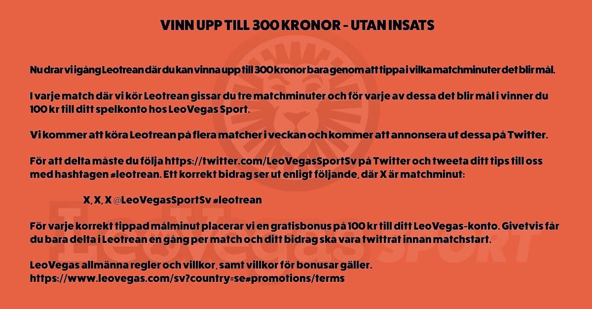 LeoVegasSportSv's tweet photo. #leotrean Everton - ManU
VINN UPP TILL 300KR UTAN INSÄTTNINGSKRAV!
1: RT DETTA
2: Tippa mål i 3 matchmin (X,X,X #leotrean @LeoVegasSportSv) https://t.co/CaJmtr5N6m