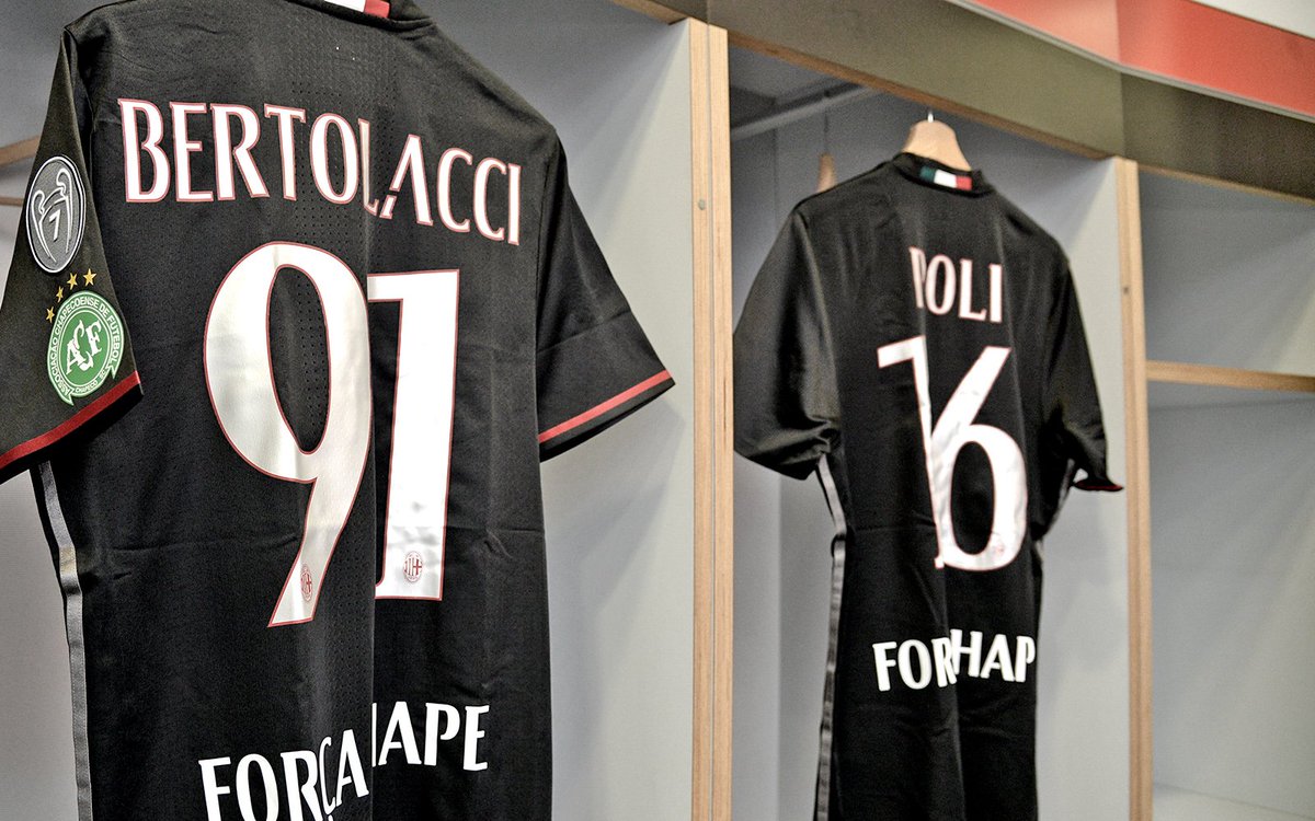 acmilan's tweet photo. Here's a glimpse into the red&amp;black locker room. Today we're going to play wearing these special jerseys: #ForçaChape! 💚
#MilanCrotone https://t.co/g1kI10AYuq