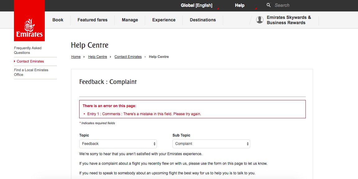 JuliaStent's tweet photo. @EmiratesSupport Come on Emirates, this is very poor form. Errors submitting a complaint and no explanation what the error is?! https://t.co/yUgwBppmog