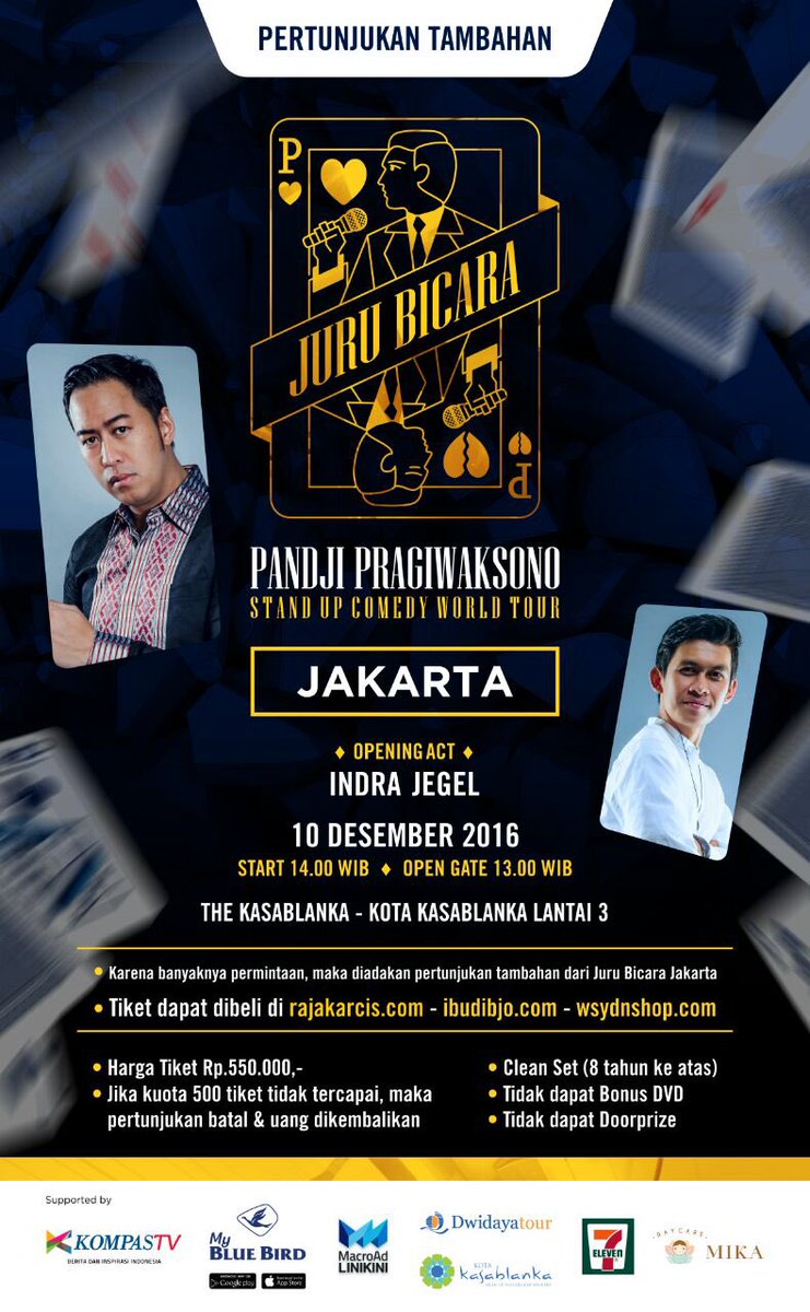 pandji's tweet photo. Kesempatan terakhir utk yg mau jadi bagian dari #JBWT. Tiket Pertunjukan tambahan masih bisa dibeli di @rajakarcis @IbuDibjoTBox @WSYDNshop https://t.co/EZGOndilDS