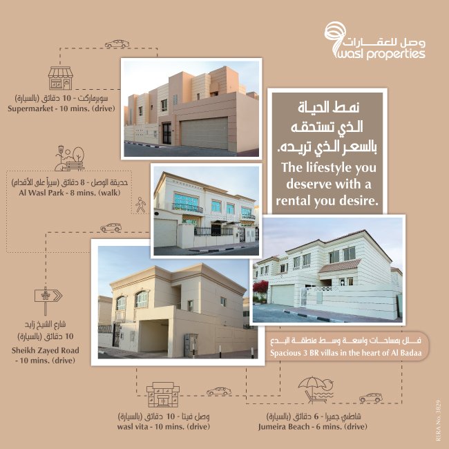 waslgroup's tweet photo. The lifestyle you deserve with a rental you desire.3BR villas in the heart of #AlBadaa. Starting at 170K AED. Call 8009275. RERA #4368 https://t.co/4IlwaQxLZf