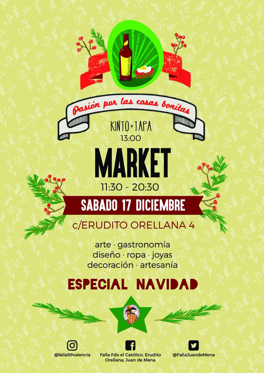 FallaJuandeMena's tweet photo. La #Falla99 os espera el pròximo sábado 17 de diciembre de 2016 en el Mercadillo de Navidad. #Falles2017 https://t.co/McfreQKx0G