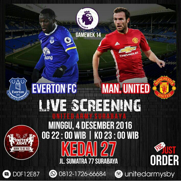 Kurang dari 30 menit menuju kickoff
Live Screening
<a href="/Everton/">Everton</a> v <a href="/ManUtd/">Manchester United</a>
Kedai 27
Jl Sumatera no.77 Sby
FDC: Just Order
Ramaikan!!!