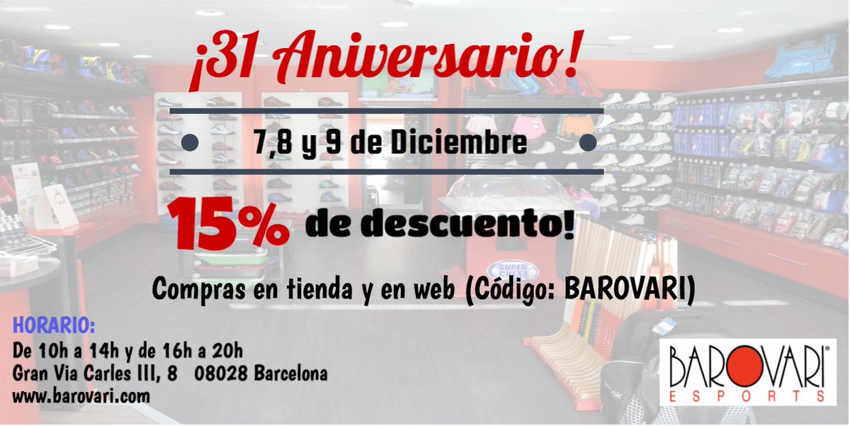 ¡ESTAMOS DE ANIVERSARIO! 
7, 8 y 9 de Diciembre, todo a un 15% DE DESCUENTO en tienda y en web (código: BAROVARI)