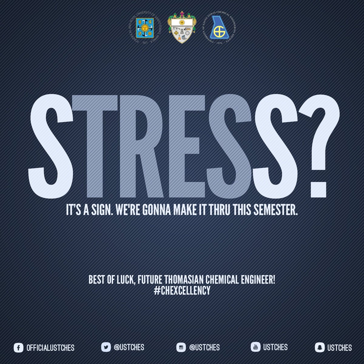 USTChES's tweet photo. ChE Community!

BEST OF LUCK ON YOUR FINAL EXAMS! Laban lang. You're gonna make it. 😊

God bless, future Chemical Engineers!
#ChExcellency https://t.co/jVywG8v7se