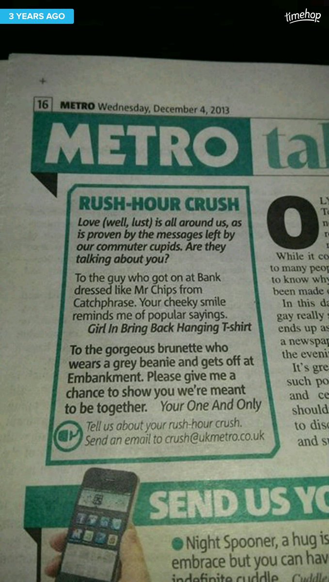 Can't believe it's 3 years since those Metro slags published my first ever Rush Hour Crush. Still does my nut to this day.  #bringbackhanging