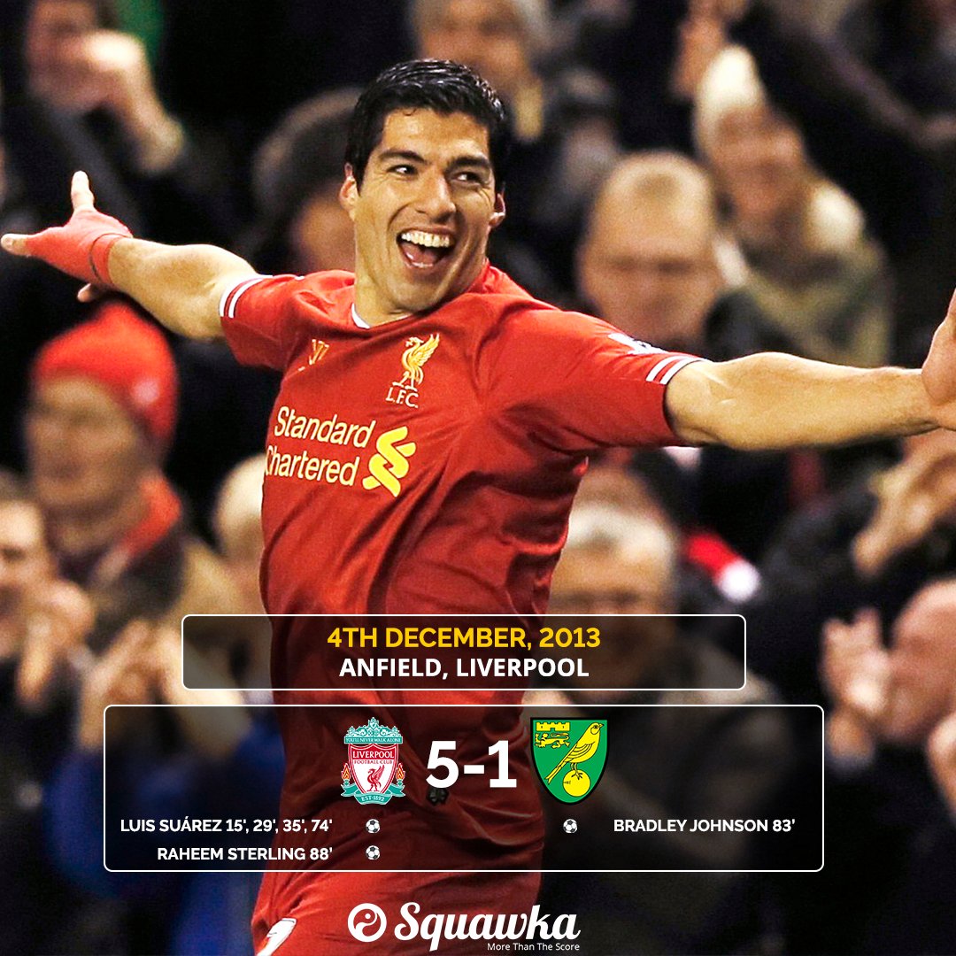 ON THIS DAY: In 2013, Luis Suárez scored 4 goals for Liverpool in a 5-1 win  over Norwich. One of the great individual performances., image size:1080x1080