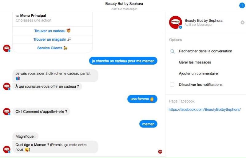 Lancement du Beauty Bot by Sephora pour Noël. La conversation pourrait être plus intelligente mais on y vient ... m.facebook.com/BeautyBotbySep…