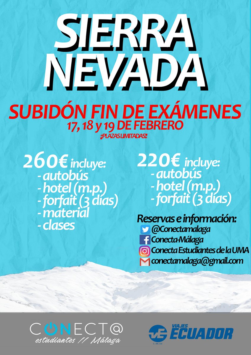Sube a la SIERRA tras los exámenes

17, 18 y 19 de febrero

¡SUBIDÓN UNIVERSITARIO!

#SierraNevada