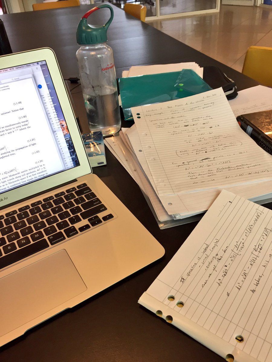AstroKatie's tweet photo. That feel when someone awesome has just followed &amp; you want to impress them but you're busy writing a lecture about the shape of spacetime https://t.co/bRsthzM8cL