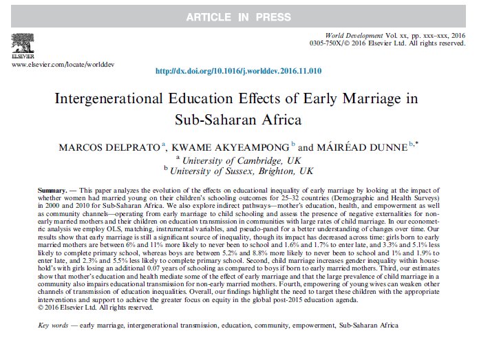 delpratom's tweet photo. mother #education and #health mediate some of the effect of #earlymarriage on their children education  @UNGEI @GirlsNotBrides @REAL_Centre https://t.co/VEb20VVozB