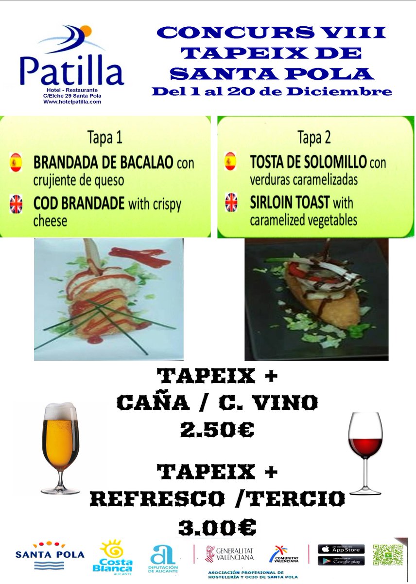 PatillaHotel's tweet photo. ¿Qué mejor manera de acabar el #findesemana que con unas buenas #tapas?
¡Recuerda votar tus favoritas!
#concurso #tapeix #santapola https://t.co/p8XDCWk9EX