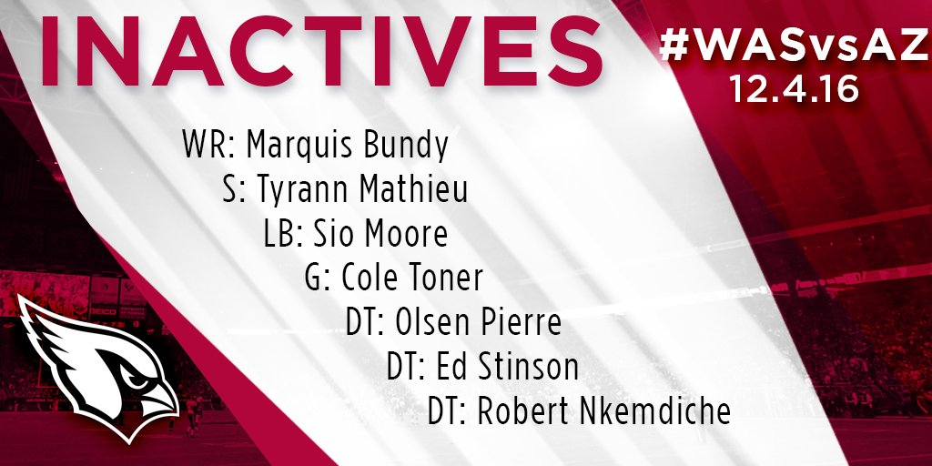 S Tyrann Mathieu among today's inactives for #WASvsAZ.  More info: bit.ly/inactives120416 https://t.co/nJoBv3d9eG