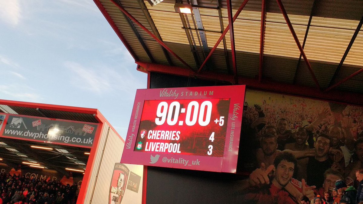 Bournemouth 4 Liverpool 3 
Up to 10th in the premiership 
Well done Eddie how and his team