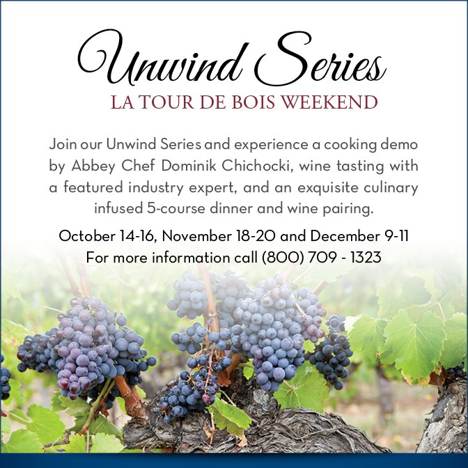 The Abbey Resort (@abbeyresort) on Twitter photo Our popular Unwind Wine Weekends return next weekend featuring #wines from <a href="/JAXWINE/">JAX Vineyards</a>. Visit goo.gl/rFwpIv for more information. Our popular Unwind Wine Weekends return next weekend featuring #wines from <a href="/JAXWINE/">JAX Vineyards</a>. Visit goo.gl/rFwpIv for more information.
