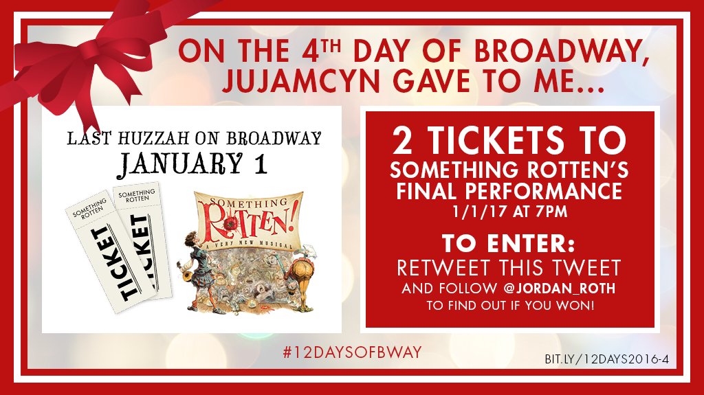 Jordan_Roth's tweet photo. On the 4th day of #12DaysofBway: Follow &amp; RT to win tickets to @RottenBroadway's final Broadway performance! https://t.co/lREo43WvG5
