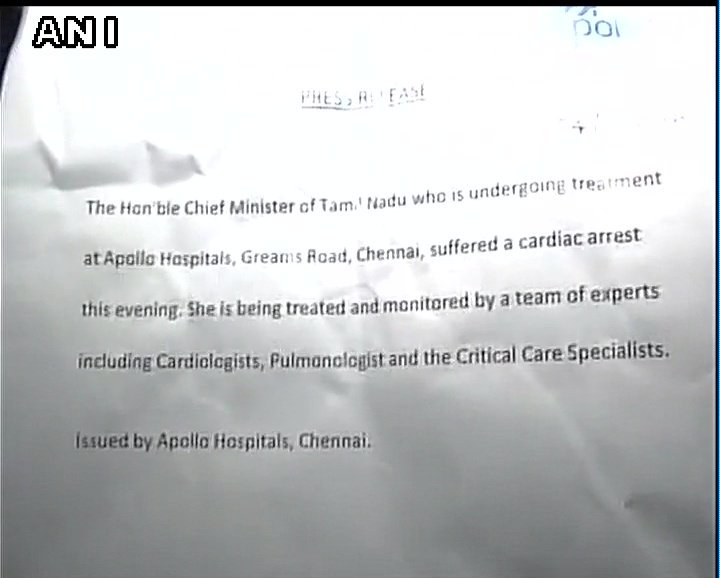 TN CM #Jayalalithaa being treated and monitored by a team of experts including Cardiologists, Pulmonologist and Critical care specialists