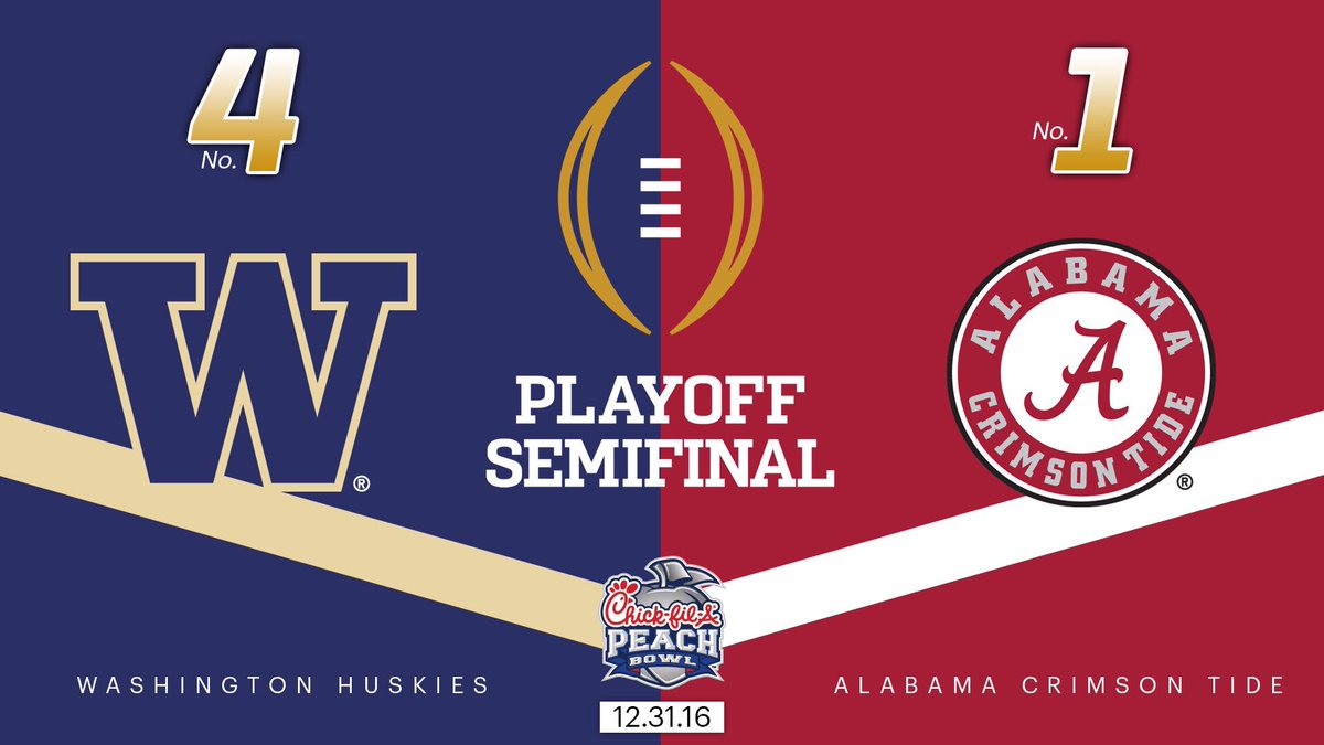 CFBPlayoff's tweet photo. #CFBPlayoff Selection Day: No. 4 Washington will play No. 1 Alabama in the @CFAPeachBowl https://t.co/GrNwD9q7Lq
