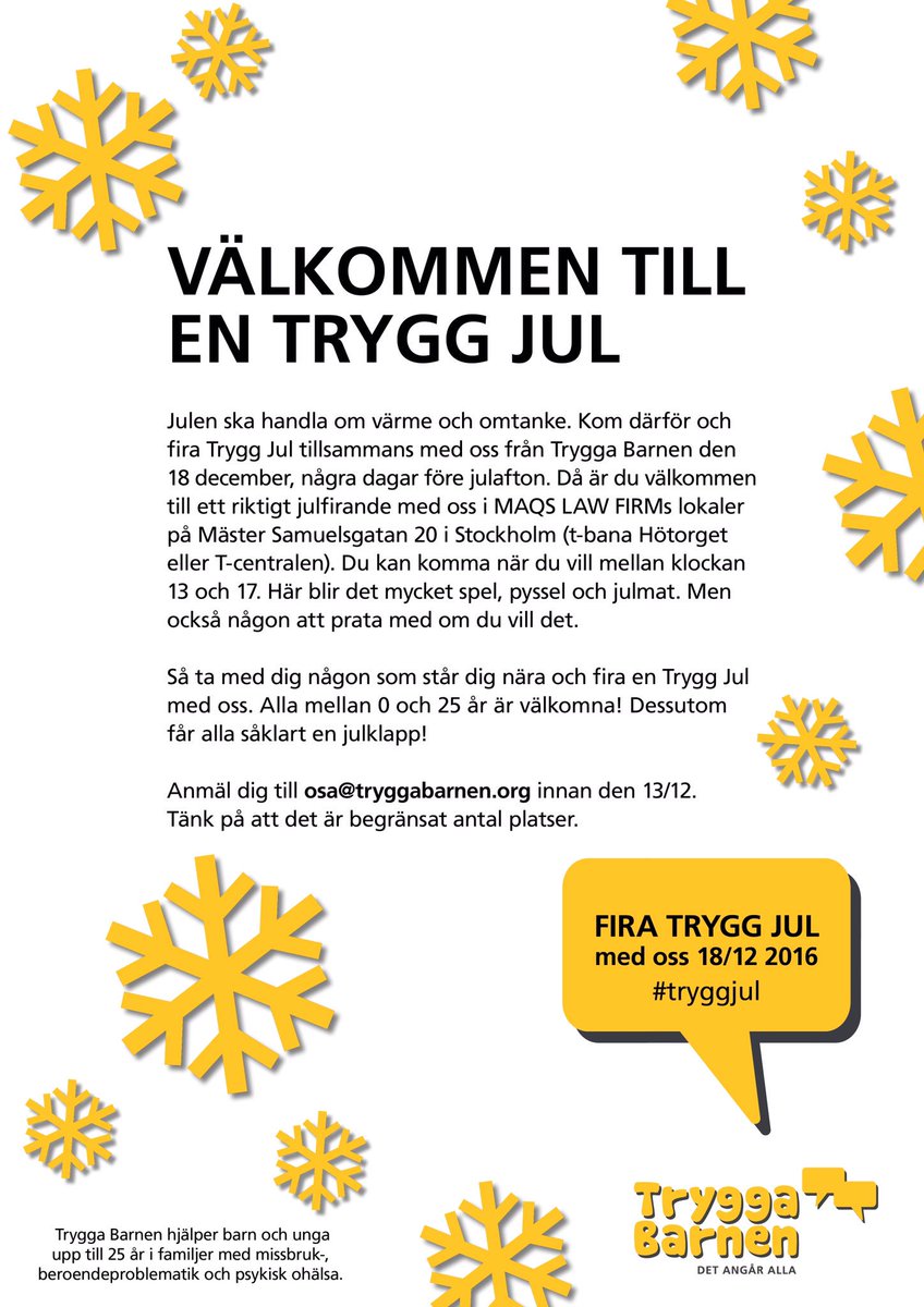 Vi firar Trygg Jul för 4 gången den 18 december mellan kl 13.00-17.00 för barn och unga i familjer med missbruk- psykisk ohälsa!
