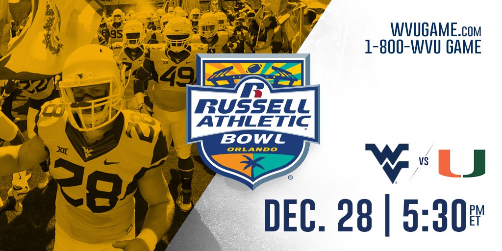 WVUfootball's tweet photo. It's official! We're heading to the @RussellAthBowl to face @CanesFootball. #HailWV https://t.co/dJrw37m9aL