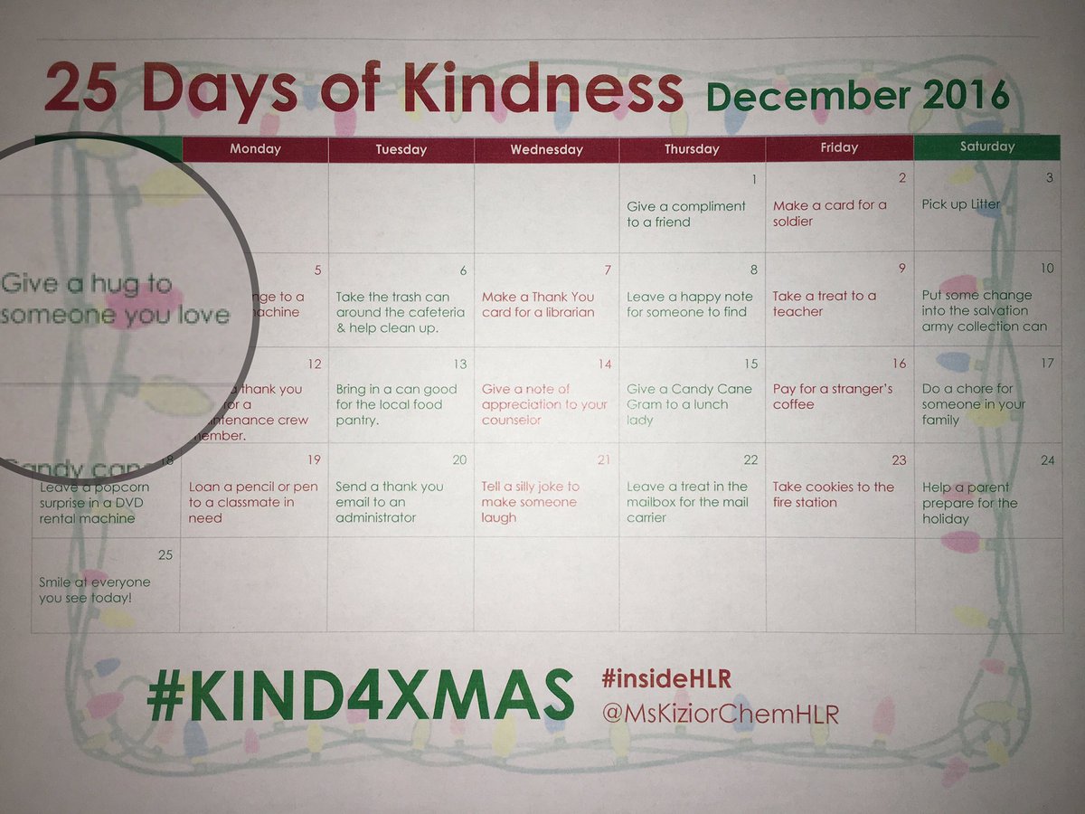 MsKiziorChem's tweet photo. Day 4: Give a hug to someone you love today!!! #KIND4XMAS #InsideHLR @BulldogsHLR https://t.co/nu6vIB43MZ