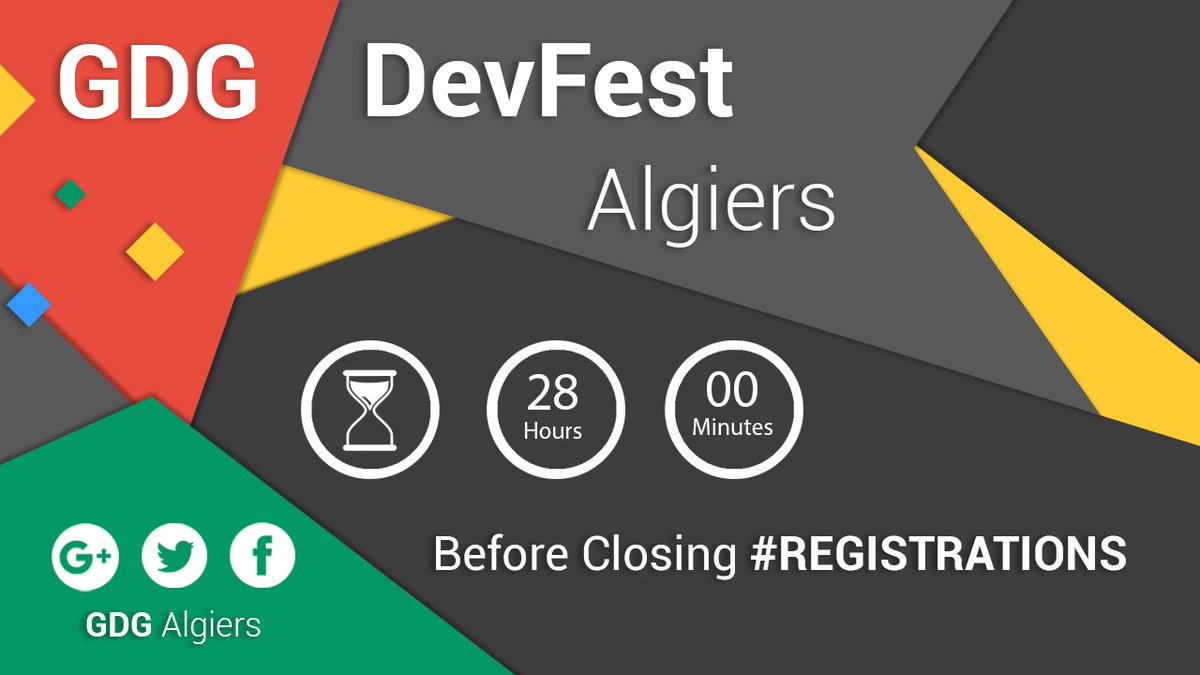 GDG_Algiers's tweet image. 28 hours before closing the #DevFest2016 #registrations ! Fill in the form to join us on Dec 10th at ESI.
Link: goo.gl/forms/yzLwc4sC…