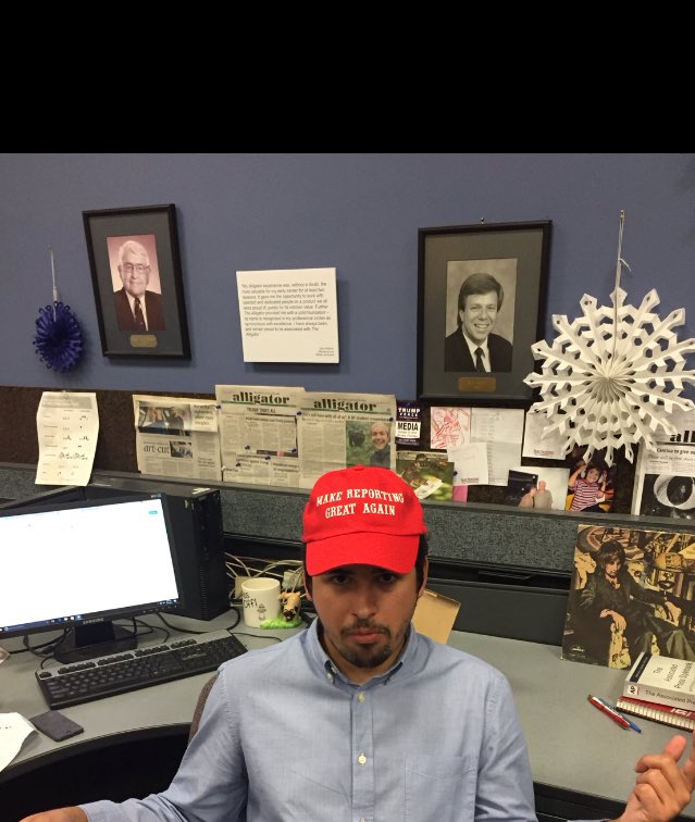 martindvassolo's tweet photo. The latest addition to my red hat collection, courtesy of @gracelking, inspired by @realDonaldTrump  #makereportinggreatagain https://t.co/1RNZm9zWDH