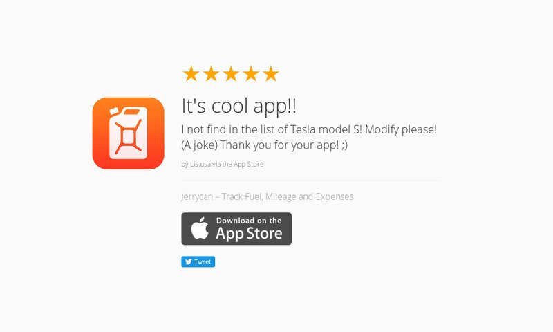 jerrycanapp's tweet photo. 5 Star Review: "It's cool app!!: I not find in the list of Tesla model S! Modify please! (…" https://t.co/YqTap8MDQD https://t.co/ITbiMDBW0R