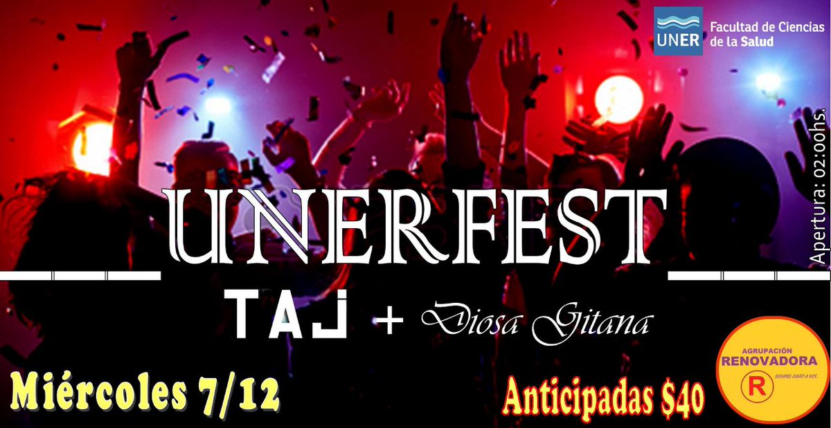 TajDisco's tweet photo. Preeeparate para este miércoles 🎊🎉💃
Taj y Diosa Gitana se juntan para otra #UNERfest https://t.co/7YYS8DsLM1