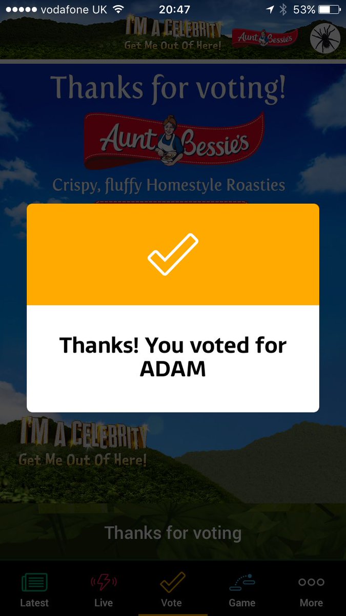 Vickyarrowsmith's tweet photo. @adamthomas21 has all 5 of my votes tonight. #KingAdam all the way https://t.co/gd03LcOm6t