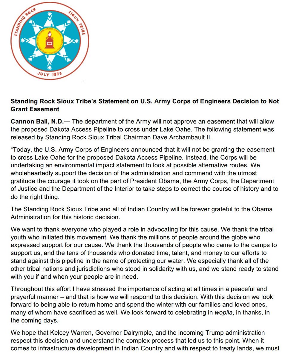 UR_Ninja's tweet photo. Standing Rock Sioux Tribe reports Army Corps of Engineers denied DAPL easement, calls for Environmental Impact Statement &amp; re-route #NoDAPL https://t.co/wG2HB0in6w