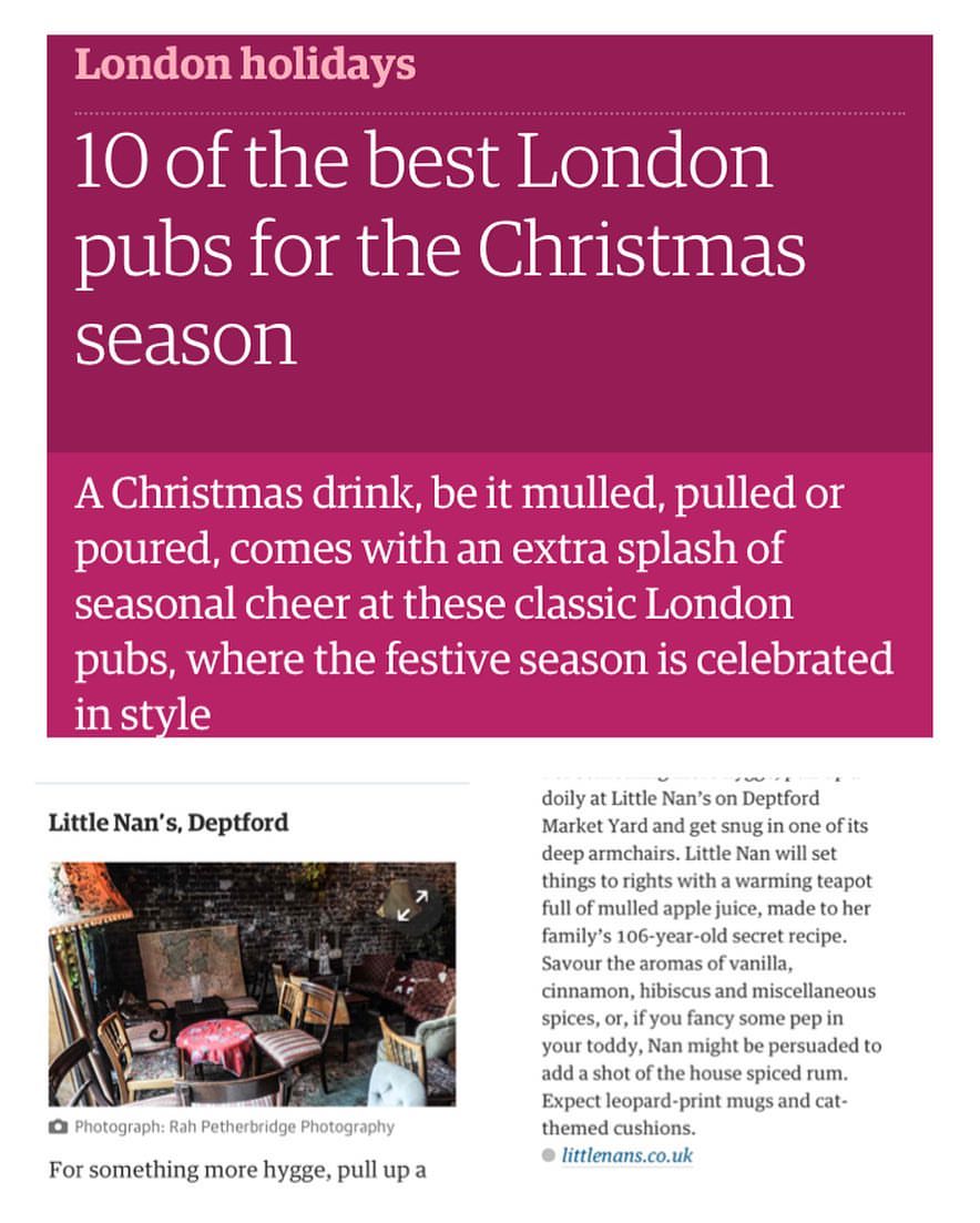 Littlenansbar's tweet photo. THANK YOU to @guardian for choosing Little Nan's #Deptford Bar as one of the best 10 London pubs for the Christmas season! #ILOVEDEPTFORD xx https://t.co/PvBWWNymZF