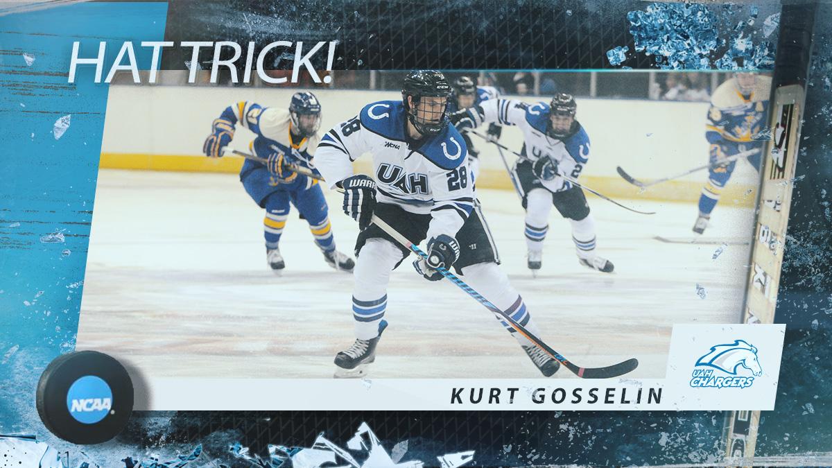 NCAAIceHockey's tweet photo. UAH's Kurt Gosselin had a hat trick last night, marking the 1st by a @UAHHockey player since 2008, and 1st by a UAH Defenseman since 1999. https://t.co/DMaSRwEl3F