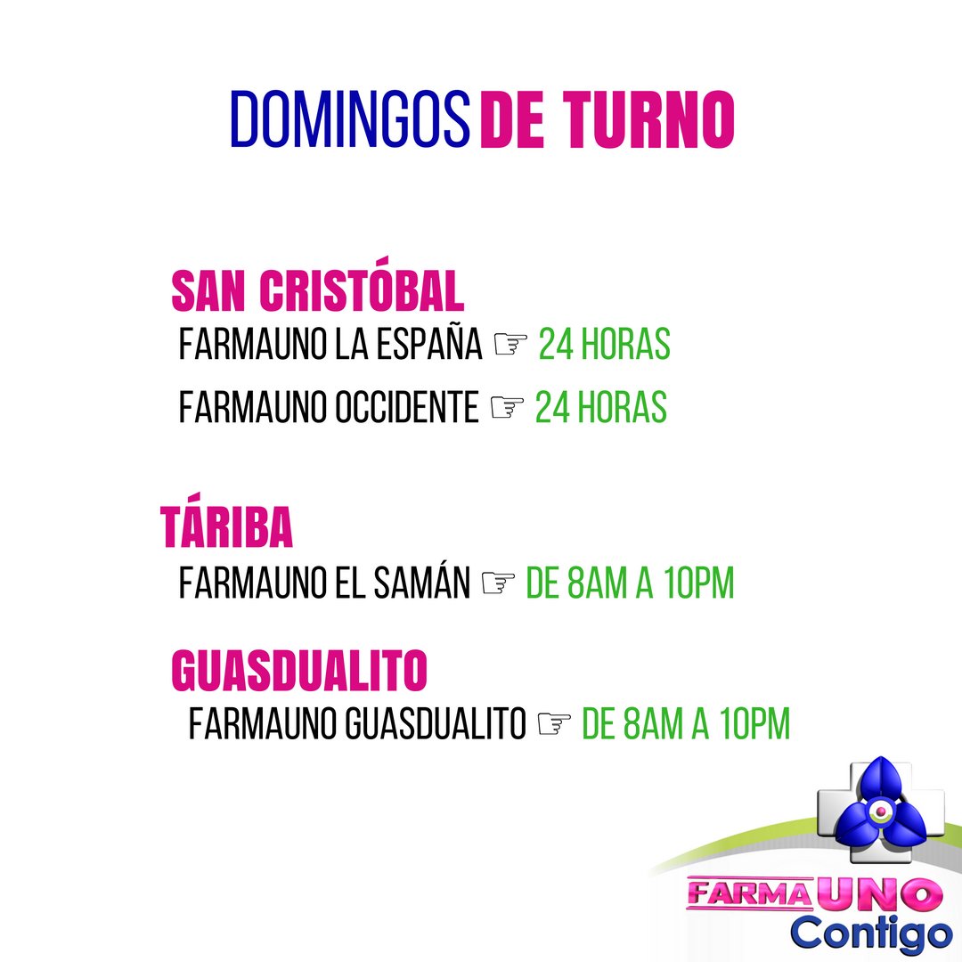 FarmaUno's tweet photo. ¡Estas son nuestras farmacias de turno todos los domingos!
 #SanCristóbal #Táchira https://t.co/YLpk4YQwqs
