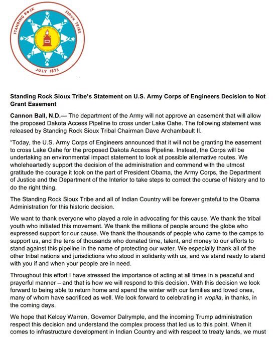 ErinSchrode's tweet photo. The official statement from #StandingRock Sioux Tribe about the US Army Corps of Engineers denying permit for #DakotaAccessPipeline. #NoDAPL https://t.co/96chT2fHdp